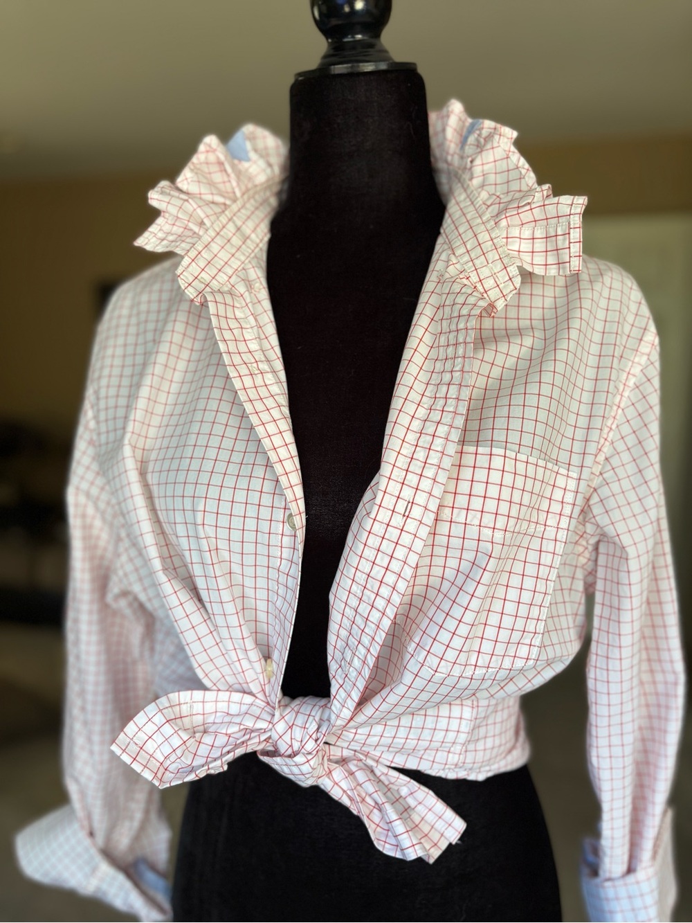 Reworked Men’s White Button-Front Tie Blouse with Red Windowpane Check